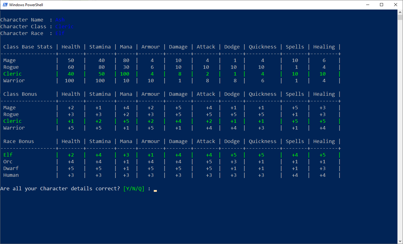 PS-RPG Character Creation (running in Windows PowerShell 5.1)